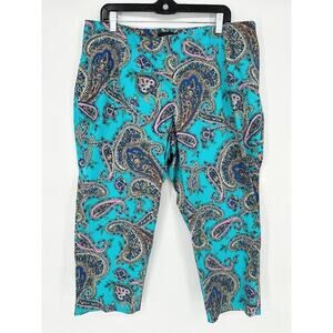 Talbots Paisley Pants 18WP Petite Plus Turquoise Blue Crop Stretch Cotton Capri
